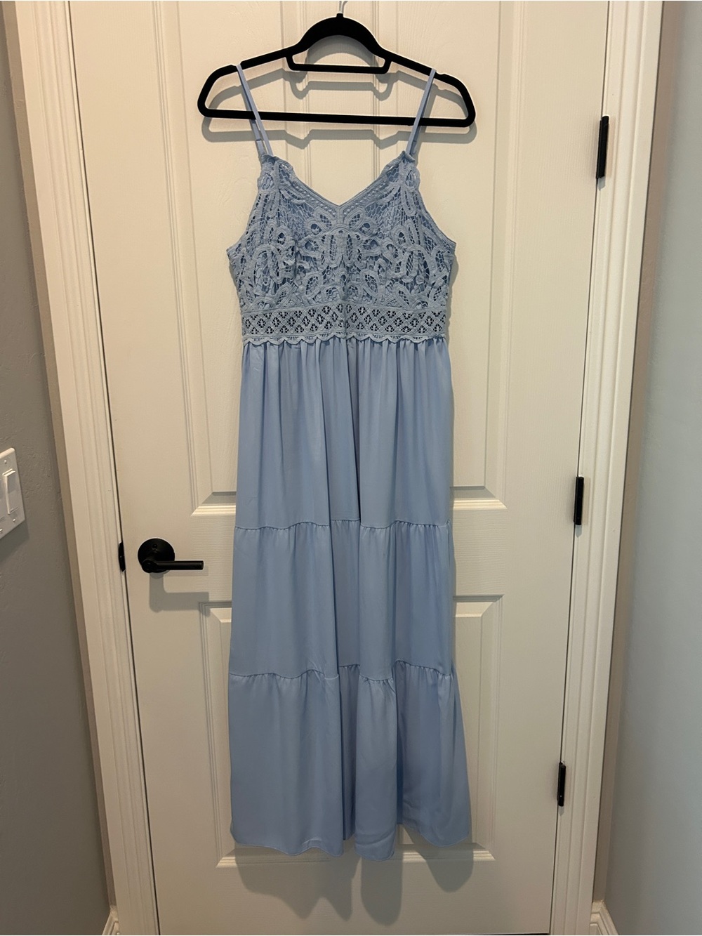 Light Blue Crochet Bodice Tiered Maxi Dress